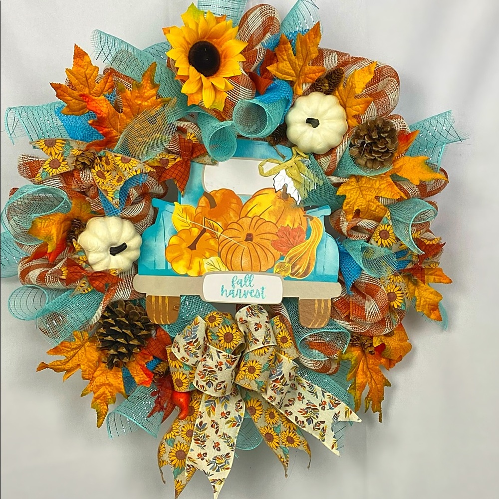 Handmade Fall Wreath Mesh Colorful Blue Sunflower Fall Harvest Ribbon Pinecone